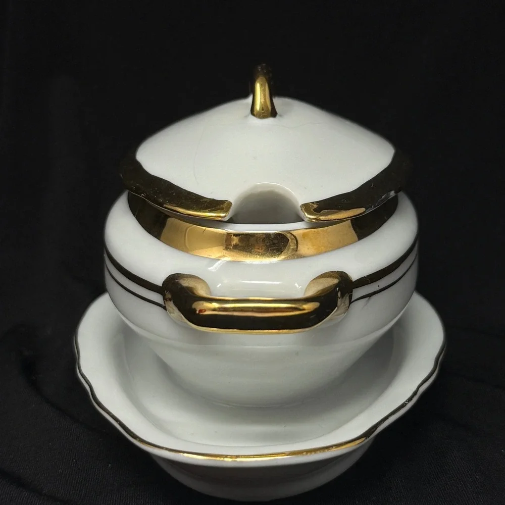 Royal Crown Sugar Bowl Tureen Gravy Boat Style White Gold Accent 525‎ Mini 5.25